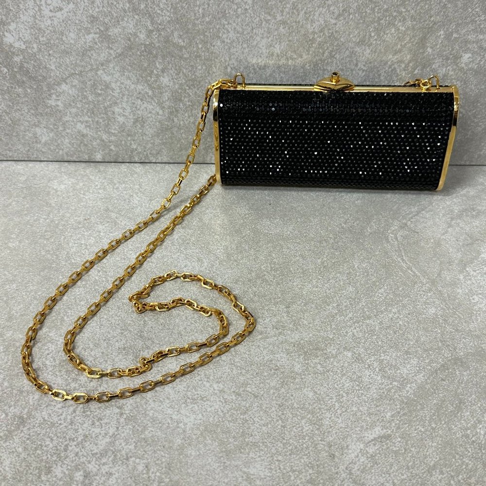 Judith Leiber Black Rhinestone Gold Chain Handbag